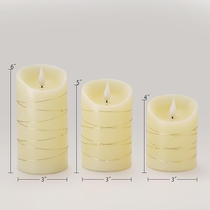 Homemory Flameless Candles with String Lights, 3 Pack Embedded Fairy String Lights LED Candles, Electric Flickering Candles with Remote Control and Timer, Real Wax, Ivory White