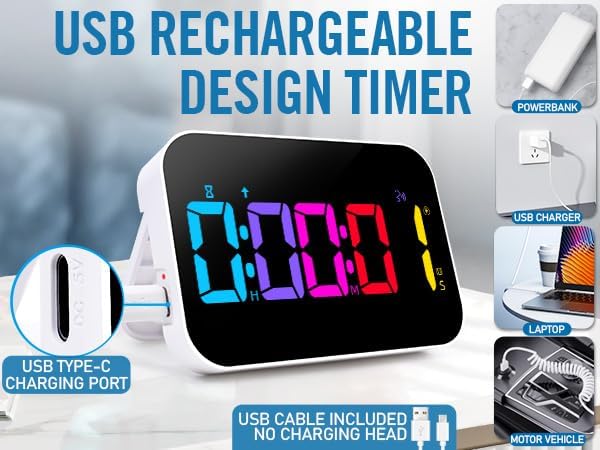 Kitchen Timer（1.5" Number）with Voice Reminder,10 RGB Color Changing Digital Magnetic Timer, Countdown/Up, Rechargeabilit, Brightness Display, 3 Volume Levels and Vibration Mode, for Classroom, Cooking