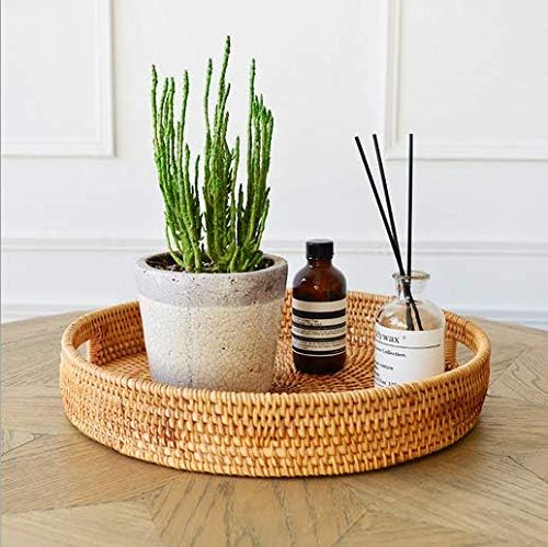 Rattan Round Serving Tray, Decorative Coffee Table Tray, Ottoman Hand Woven Serving Basket with Handles, Wicker Fruit/Bread Serving Basket, 11.8 inch