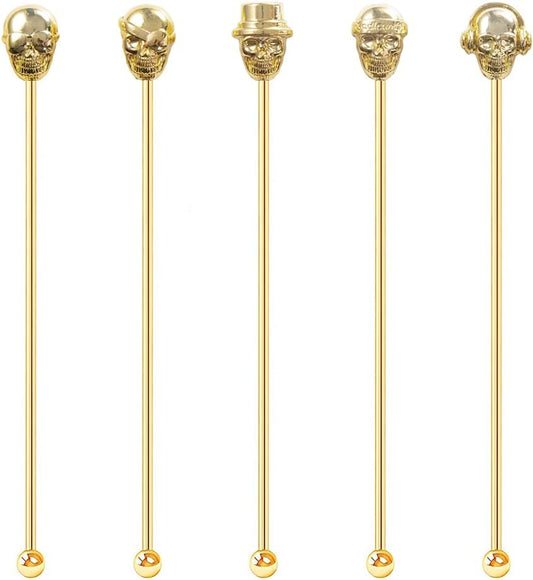 Skull Shape Swizzle Sticks, Reusable Stainless Steel Coffee Beverage Stirrers Cocktail, 5-Pack Drink Stir Sticks for Bar Party Home Office (Gold)