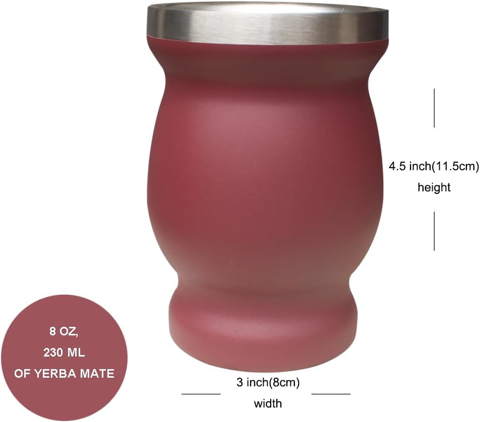 Beruth Bombilla Yerba Mate Gourd, 8oz Stainless Steel Tea Cup Set with a Multifunctional Lid, Two Straws and Cleaning Brushes, Double Walled Coffee Mug Heat Insulation Anti Scalding (Burgundy)
