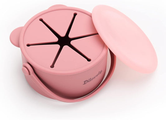 Snack Cups for Toddlers, Baby Snack Containers, Silicone Toddler Snack Cups No Spill, Food Catcher with Lid & Bucket-like Handle, BPA Free & Dishwasher Safe, 9 Ounce Rose