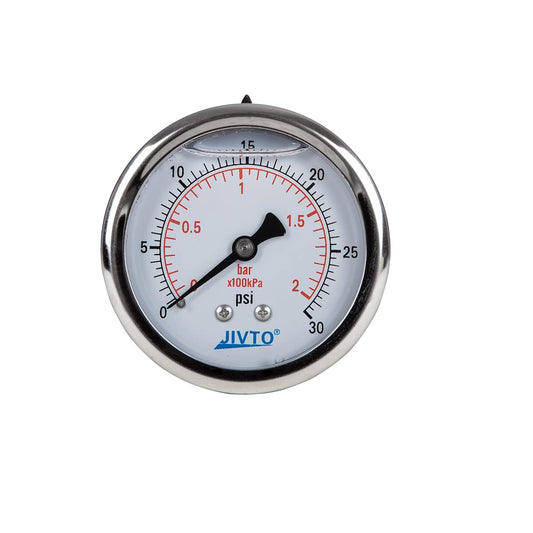 Pressure Gauge,Liquid Filled,2-1/2" Dia,0-30 psi/bar/kpa,1/4" NPT Back Mount, Polycarbonate Lens Window, Stainless Steel case