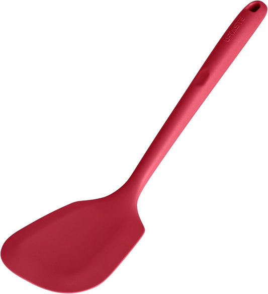 600ºF Heat Resistant Silicone Turner: U-Taste 13.6in Solid Kitchen Spatula Flipper, Food Grade Flexible & Thin Rubber Seamless Cooking Utensil for Flipping Egg, Pancake in Nonstick Cookware (Red)
