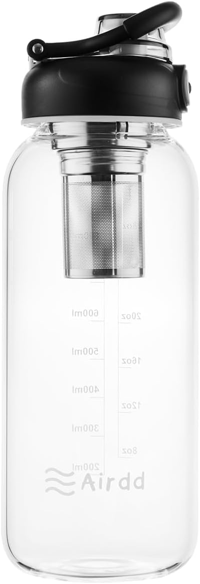 Glass Water Bottles with Stainless Tea Infuser 32oz, BPA-Free, Wide Mouth, Leakproof, Protective Sleeve, Borosilicate Glass for Tea and Fruit Infusions, Durable Travel Companion, Reusable Bottle