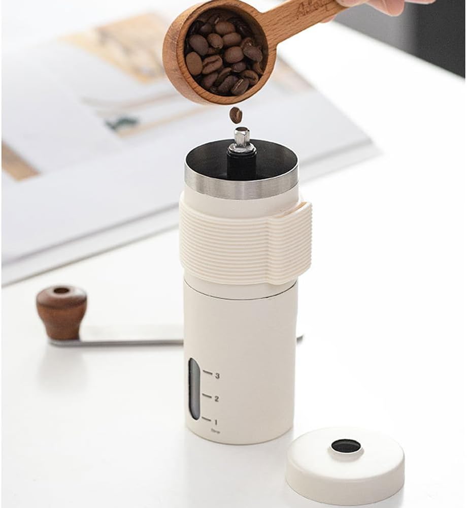 Mini Manual Coffee Bean Grinder for Travel Camping, Hand Held Espresso Burr Ceramic Coarseness White 304 Stainless Steel Small Mill Kit for Home Use with Portable Storage Pouch Brush Spoon