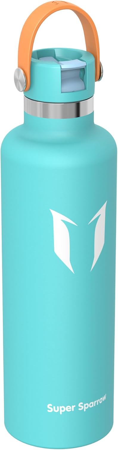 Super Sparrow Insulated Water Bottle - 17 Oz / 25 Oz / 32 Oz - Standard Mouth FlipFlow Flask - BPA Free, Leak Proof Drink Bottle- Ergonomic Straw Water Bottles for Work, Gym, Travel, Sports