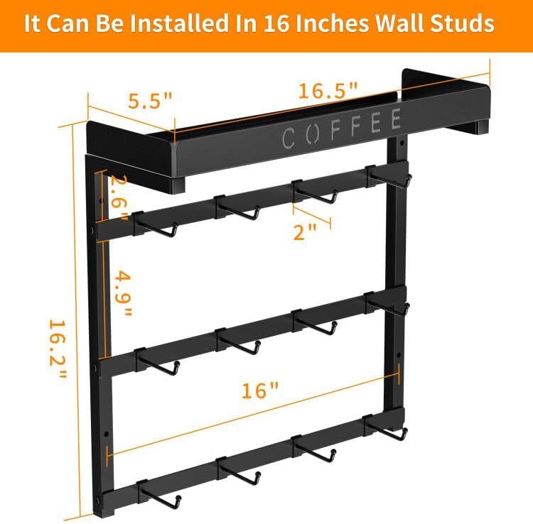 RCHYFEED Coffee Mug Holder Wall Mounted, Mug Rack Organizer for Home Kitchen Display and Collection, Metal Cup Holder Mug Tree with Adjustable 12 Hooks and Storage Shelf for Coffee Pods Sugar Bags