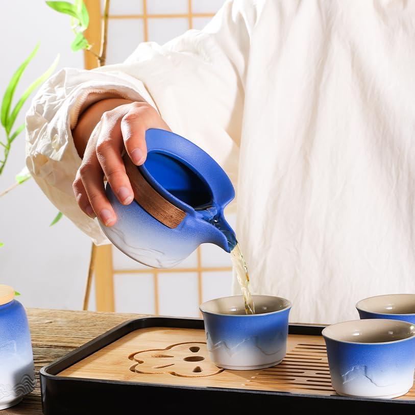 LURRIER Gongfu tea sets, Portable Ceramic TeaSet, Asian Tea sets for adult, Tea Gift sets, Grey leather case, Portable Travel Bag,Home,Gifting,Outdoor and Office(XBlue and White)