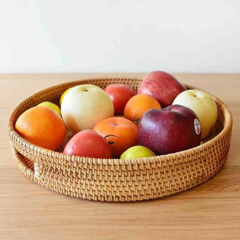 Coffee Table Tray Round Rattan Ottoman Tray Woven Serving Trays with Handles for Home and Kitchen Decorative Natural (Large 16.9 inch)