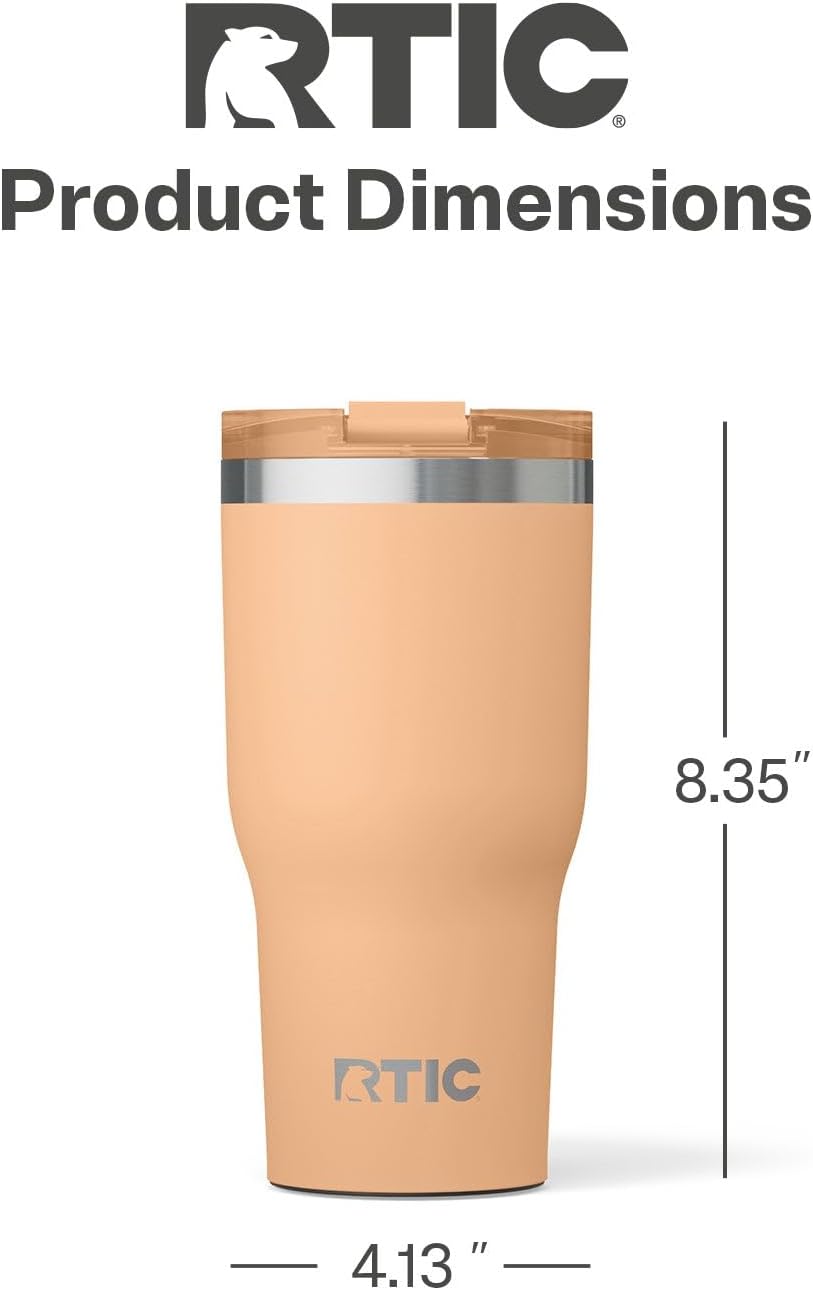 RTIC 30oz Essential Tumbler with Lid, Insulated, Stainless Steel, Metal, Double Wall Vacuum-Insulation, Ceramic Lined, Travel Cup for Iced Coffee, Tea, Hot and Cold Drink, Peach Tea