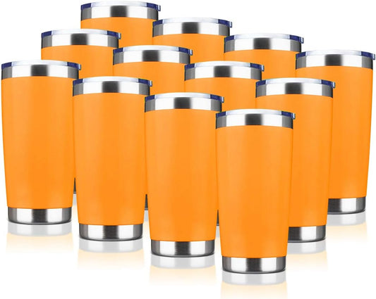 20oz Tumbler Bulk Stainless Steel Vacuum Insulated Tumblers with Lid Double Wall Travel Mug, Durable Powder Coated Coffee Cup, Suitable for Ice Drinks and Hot Beverage (Orange 12pack)