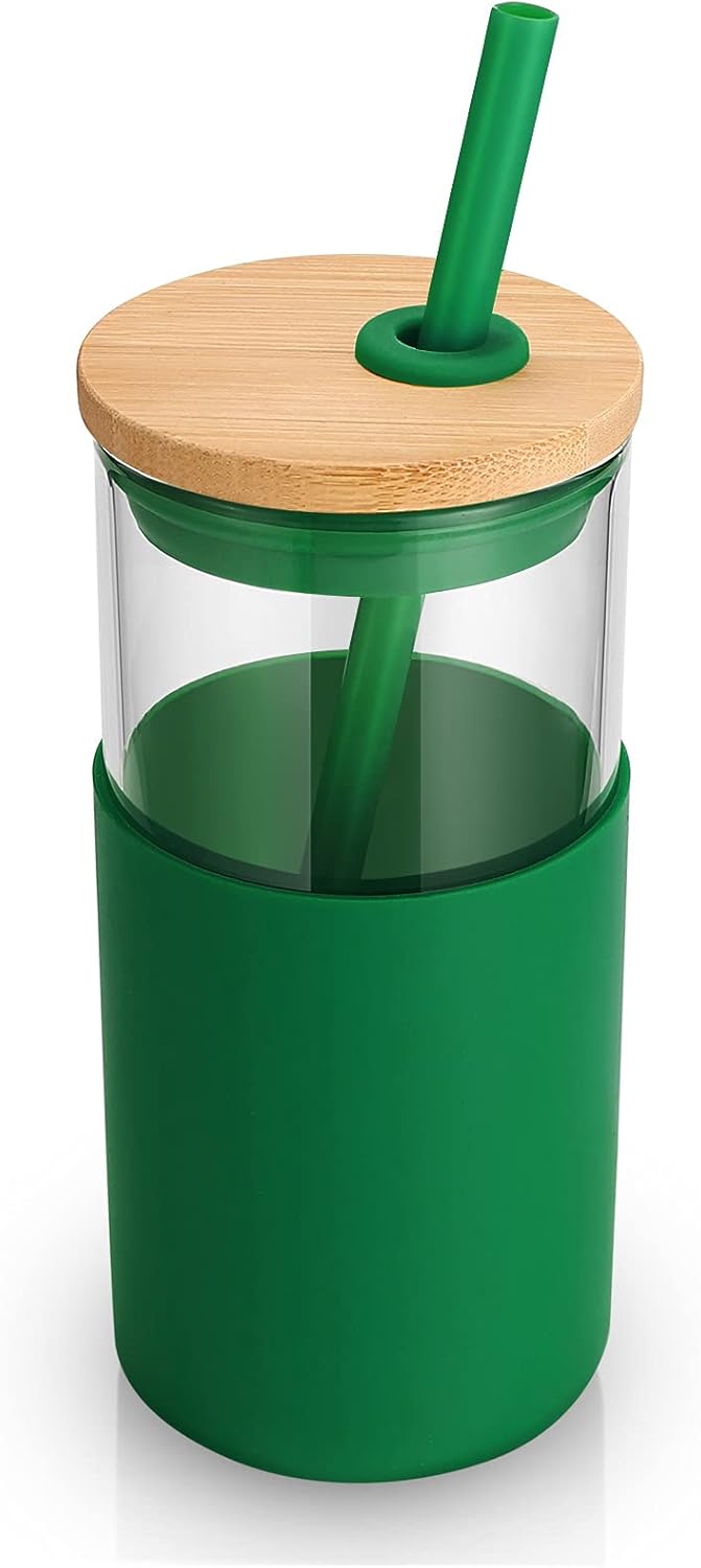 Tronco 16 oz Glass Tumbler with Straw and Bamboo Lid, Iced Coffee Cup Reusable, Smoothie Cups, Tumbler with Silicone Protective Sleeve - BPA Free