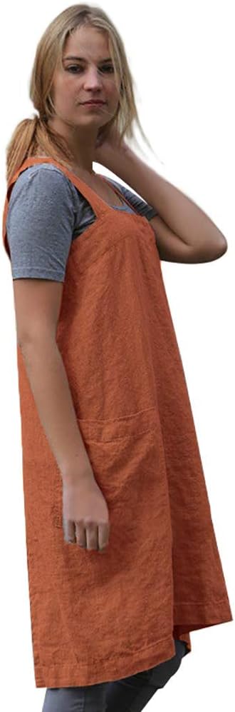 Women's Pinafore Square Apron Baking Cooking Gardening Works Cross Back Cotton/Linen Blend Dress with 2 Pockets