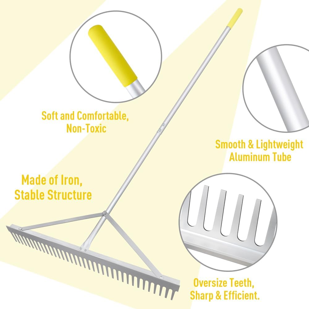 Landscape Rake 36'', Aluminum Rakes with Lightweight 69'' Handle, Landscaping Rake Tool for Lawn Care, Beach