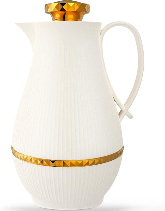 Insulated Thermal Coffee Carafe, 33 oz, Luxury Arabic-Style Insulated Carafe Flask,Coffee Tea Pot,with Spout and Glass Liner for Hot Cold Water,Housewarming Ornaments (White)