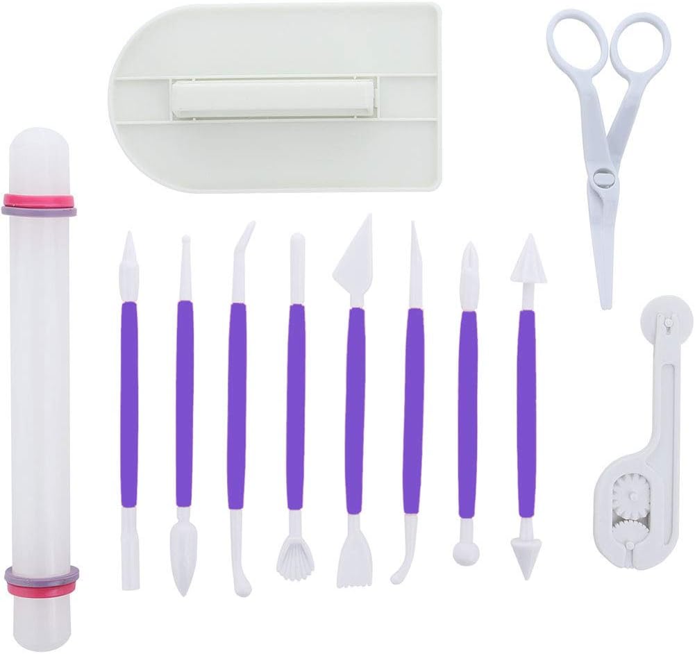Marshmallow Fondant Cake Decorating Hand Tool 12 Pcs 5 Sets Sugarcraft Gumpaste Icing Smoother Rolling Pin Trimmer Cutter Embosser Flower Scissor Modelling Accessories Supplies Kit Purple