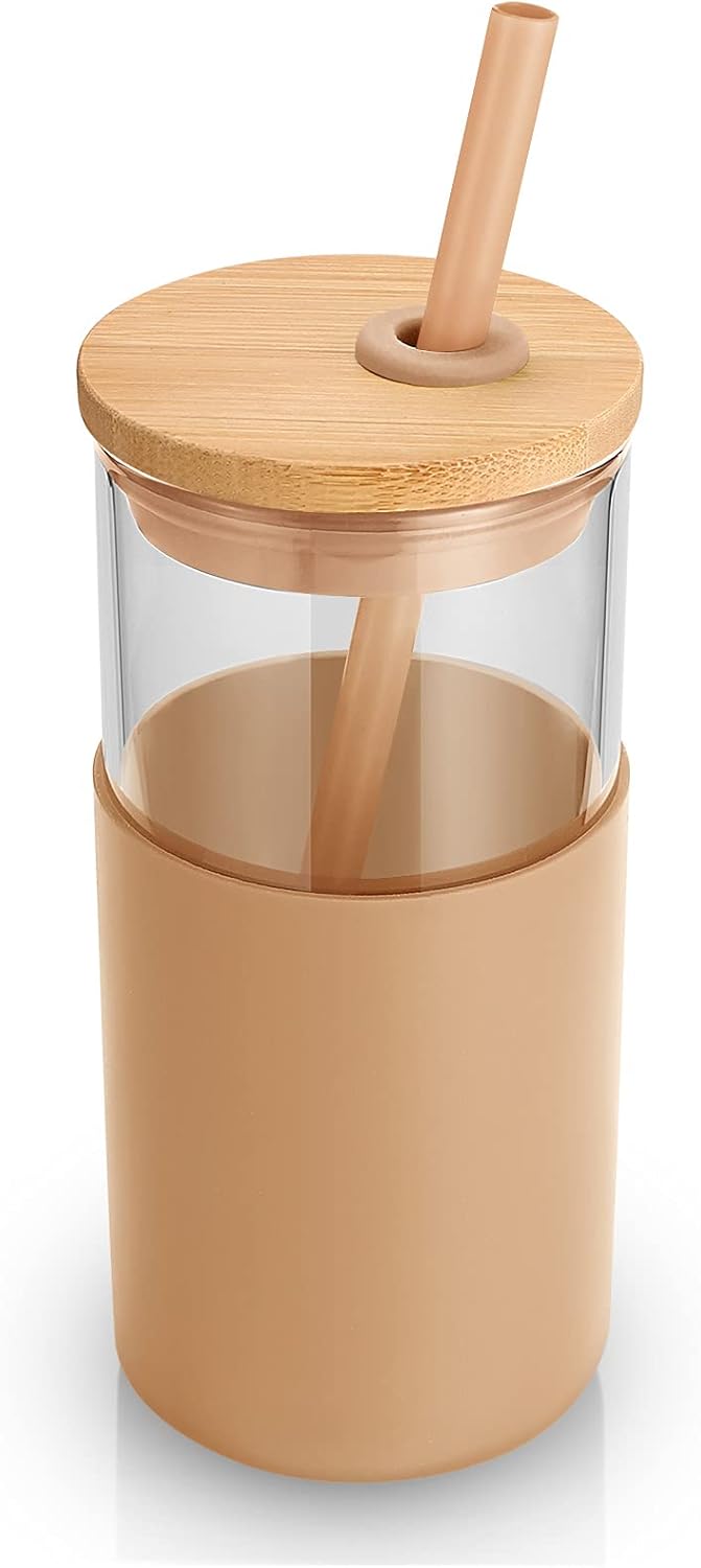 Tronco 16oz Glass Tumbler with Bamboo Lid and Straw, 2 Pack Reusable Iced Coffee & Smoothie Cups Silicone Sleeve, Dishwasher Safe, BPA-Free Glass Cup with Lid and Straw for Tea, Juice, Coffee