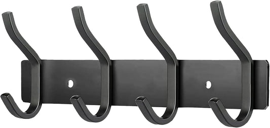 Wall Hooks Heavy Duty, 12 Inch Coat Rack Wall Mount with 4 Hooks, Black Wall Hooks for Hanging Backpack, Bag, Purse, Clothes, Hat, Coat, Towel | Entryway & Bathroom Storage Organization Hanger