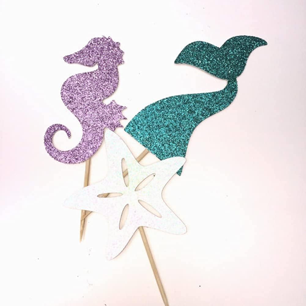 Partico 24 Pieces Mermaid Theme Glitter Cupcake Topper Cake Picks Decoration for Baby Shower Birthday Party Favors, Mermaid Tail, Seahorse and Starfish Food Picks