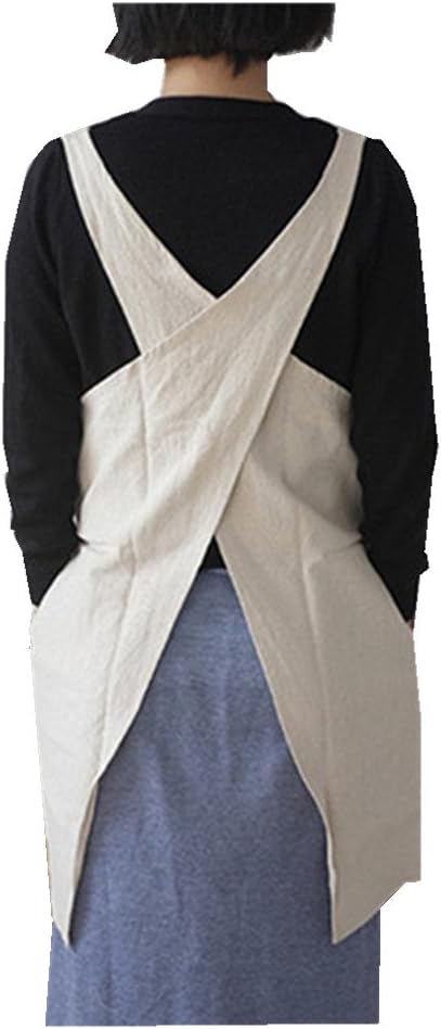 Cotton Linen Japanese Apron Halter Cross Back Bandage X Shape Aprons Two Pockets