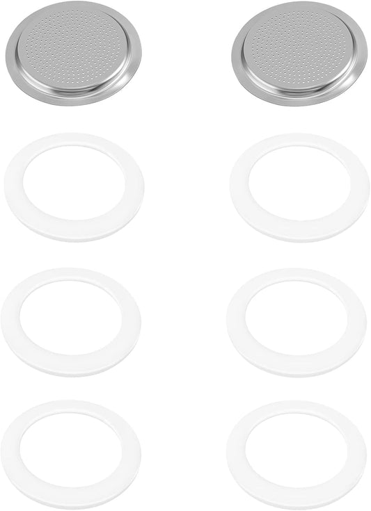 6 Pieces Moka Pot Replacement Cup Gasket with 2 Pcs Stainless Filter Silicone Moka Express Replacement Seals Funnel Kits Compatible Espresso Coffee Maker Parts(3-cup)
