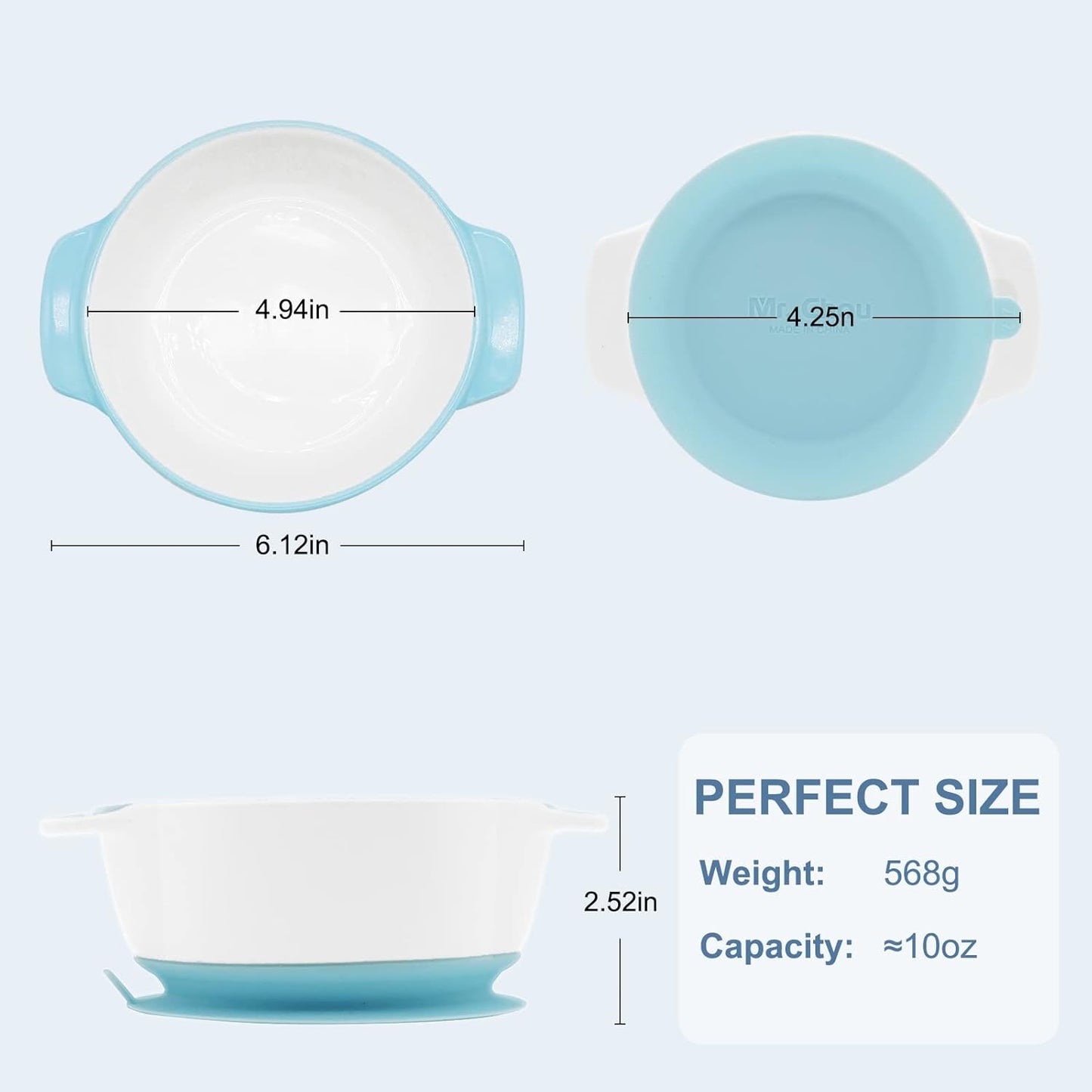 MR. CHOU Ceramic Baby Bowls with Suction Base, Infant Led Weaning Supplies with BPA Free Airtight Lid & Handles for Babies Self-feeding, 100% Food Grade Kid Bowls, Microwave & Dishwasher Safe, Blue