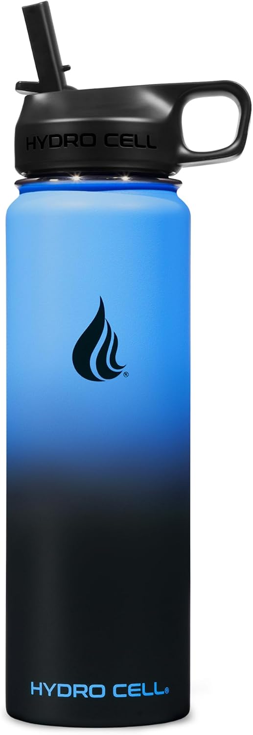 HYDRO CELL Stainless Steel Insulated Water Bottle with Straw - For Cold & Hot Drinks - Metal Vacuum Flask with Screw Cap and Modern Leakproof Sport Thermos for Adults (Blue/Black 24oz)