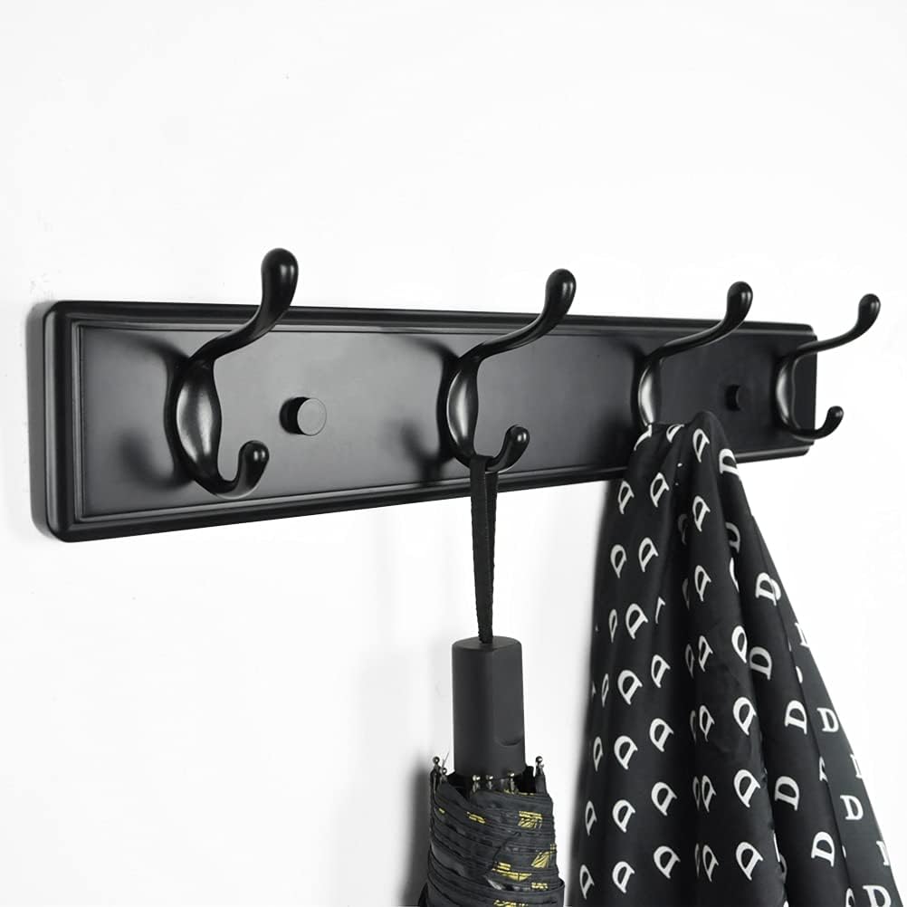 Wooden Coat Rack, Wall-Mounted Organizer for Closet, Entryway, Hallway, Foyer, Bedroom, Heavy Duty Double Hooks for Hanging Towels, Bags, Hats, Jackets, Key (Black, 4 Hooks)