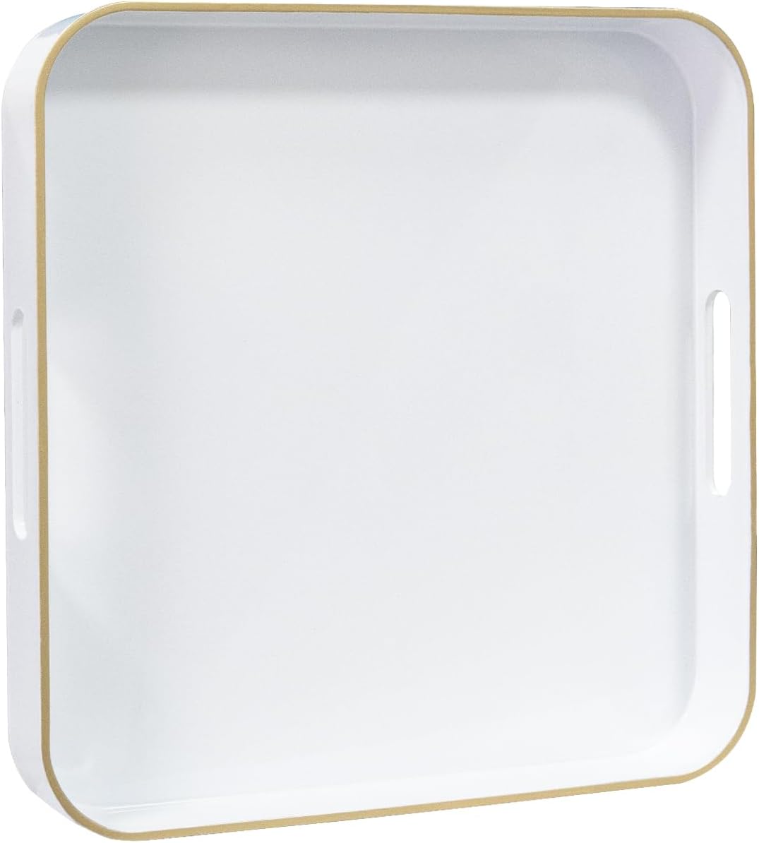 MAONAME 13" White Decorative Tray, Serving Tray with Metal Handles, Square Plastic Trays for Ottoman, Modern Coffee Table Trays for Living Room, Bathroom