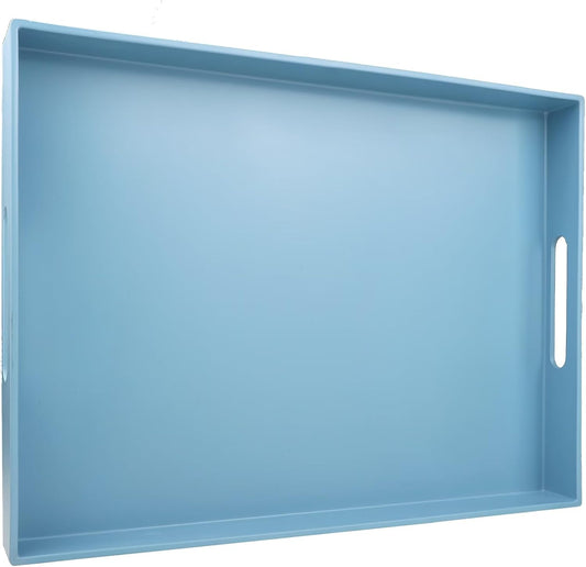 Blue Serving Tray for Coffee Table, Rectangular Plastic Decorative Tray with Handles for Entertaining, Outdoor Patio, Living Room, Ottoman, Bathroom Counter, 11.8”*15.7”*1.6”