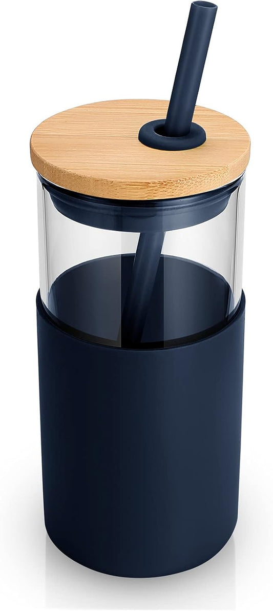 Tronco 16 oz Glass Tumbler with Straw and Bamboo Lid, Iced Coffee Cup Reusable, Smoothie Cups, Tumbler with Silicone Protective Sleeve - BPA Free