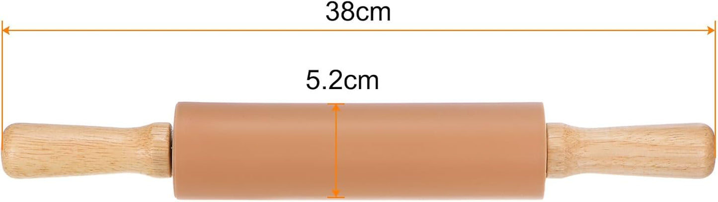 HARFINGTON Silicone Rolling Pins for Baking 14.96 Inch Non-Stick Silicone Surface Wooden Handle Rolling Pin Small Roller Playdough Rolling Pins for Fondant Kitchen Dough Pizza, Brown