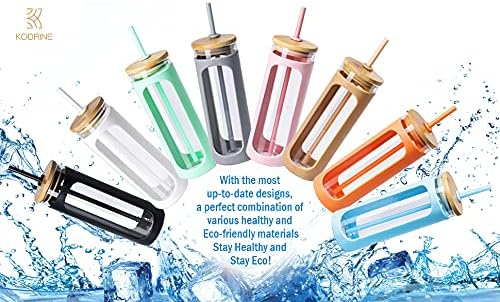Kodrine 20oz Glass Tumbler with Straw and Lid, Iced Coffee Cups with Bamboo Lids, Glass Cups for Cold Drinks, Smoothie Cup with Silicone Sleeve for Travel, Work, BPA FREE-Light Green