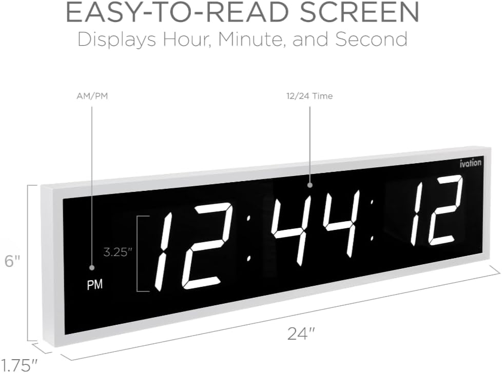 Ivation Oversized 24" Large Digital LED Clock | Big Digital Clock w/Multi-Function Display – Stopwatch, Timer, Alarms, Temp & Date | 6 Brightness Levels, Time Memory & Remote (White)