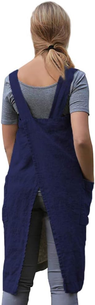 Women's Pinafore Square Apron Baking Cooking Gardening Works Cross Back Cotton/Linen Blend Dress with 2 Pockets