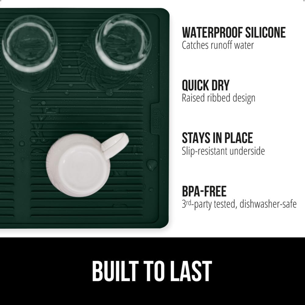 GORILLA GRIP 100% BPA-Free Silicone Dish Drying Mat for Kitchen Counter, 18x16, Quick Dry, Water Catching Ribbed Design, Easy Clean Waterproof Sink Liner, Heat Resistant, Fits Under Rack, Hunter Green