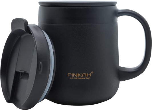 16OZ Stainless Steel Insulated Coffee Mug with Handle, Double Wall Vacuum Tumbler Cup with 2 Lids, Thermal Coffee Cup