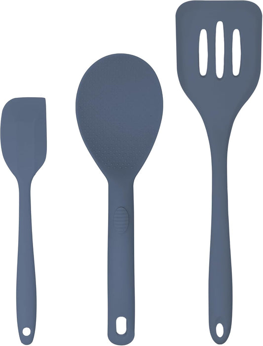 Silicone Utensils 3-Piece Set – Rubber Spatula, Slotted Turner, and Rice Paddle – Complete Heat-Resistant Set for Non-Stick Cookware – Kitchen Tools and Accessories for Cooking & Baking – Blue