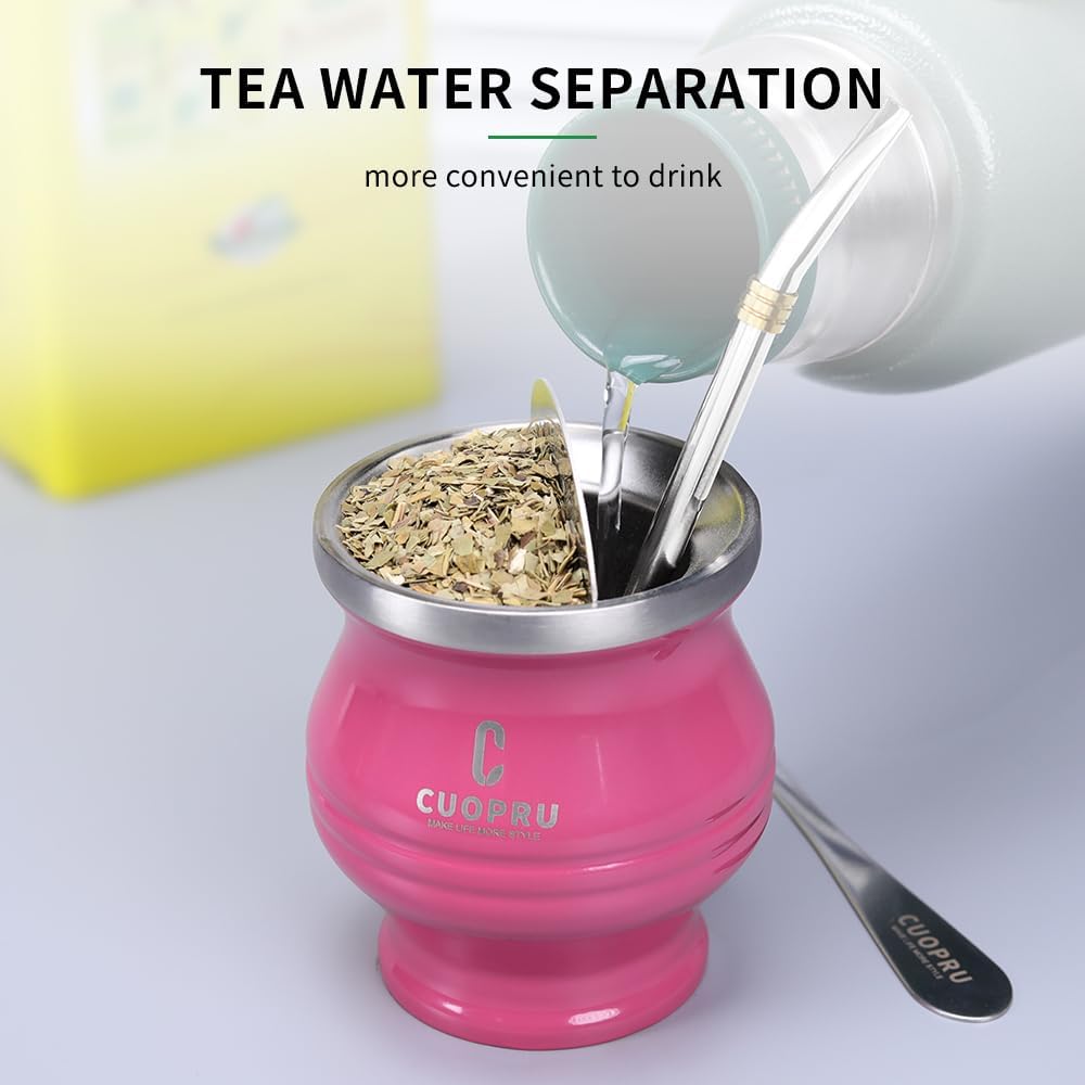 Yerba Mate Cup - Mate Gourd Set Includes Double Walled Stainless Steel Tea Cup, Tea Shaper set, Bombilla Straws, Cleaning Brush