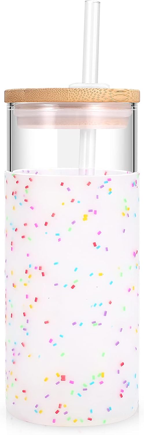 Tronco 20 oz Glass Tumbler Glass Water Bottle Straw Silicone Protective Sleeve Bamboo Lid - BPA Free (Colorful spots/ 1pack)