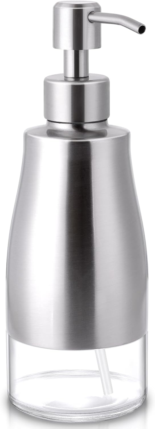 Non-Slip Soap Dispenser with Brushed Nickel Stainless Steel Case, Glass Liner, and Hand Pump for Kitchen/Bathroom. Refillable Liquid Soap Dispenser, 11oz/320ml Capacity.