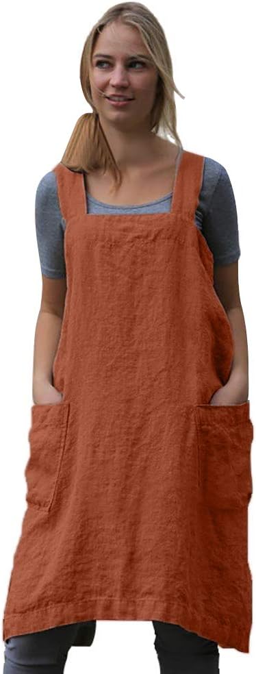 Women's Pinafore Square Apron Baking Cooking Gardening Works Cross Back Cotton/Linen Blend Dress with 2 Pockets