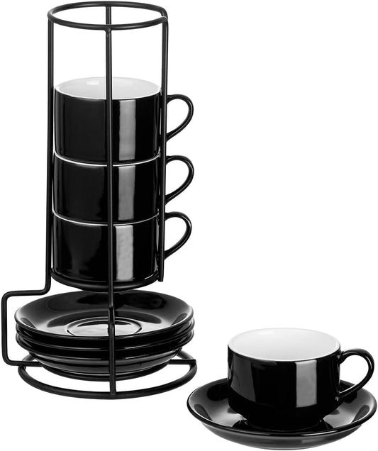 YOLIFE 2.5oz Porcelain Stackable Espresso Cups with Saucers and Metal Stand Set of 4, Stackable Cappuccino Cups, Black Expresso Shots Cup Set for Coffee Drinks, Latte, Tea