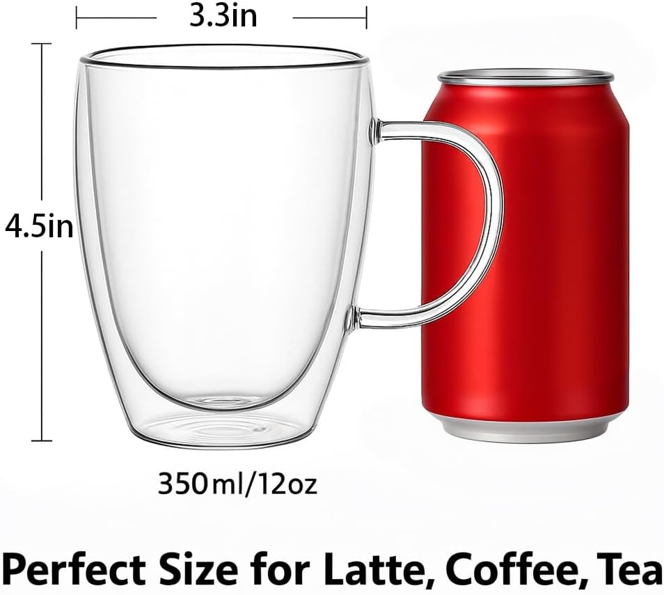 Set of 4 Double Walled Glass Coffee Mugs with Handles, 12oz Clear Coffee Mugs for Hot/Cold Beverages, Insulated Borosilicate Glass Cups for Cappuccino, Espresso, Latte, Tea, Milk, Microwave Safe