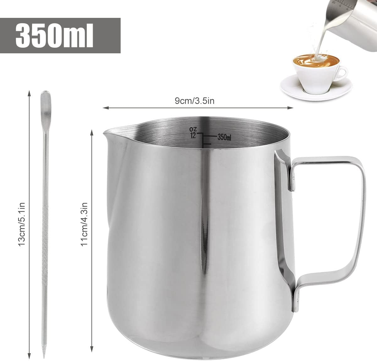 1PCS 350ML/12oz Milk Frothing Jug for Coffee Machine 304 Stainless Steel Milk Pitcher Cup with Spoon Milk Cup for Making Cappuccino Latte and Espresso