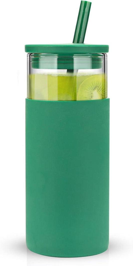 Tronco 20 oz Glass Tumbler With Lids and Straws, Reusable Smoothie Cups With Silicone Lid, Iced Coffee Cup With Silicone Protective Sleeve, Dishwasher Safe- BPA Free（Blackish Green 1 Count）