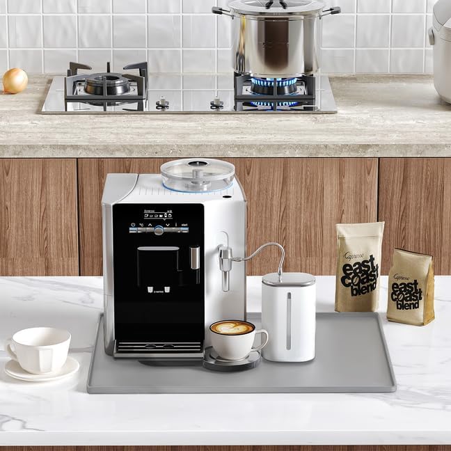 Silicone Coffee Mat with Raised Edges, 20'' x 15'', Bar Countertops, Accessories Fit Under Coffee Maker Espresso Machine, Dish Drying Mat, Baking Mat (Gray)