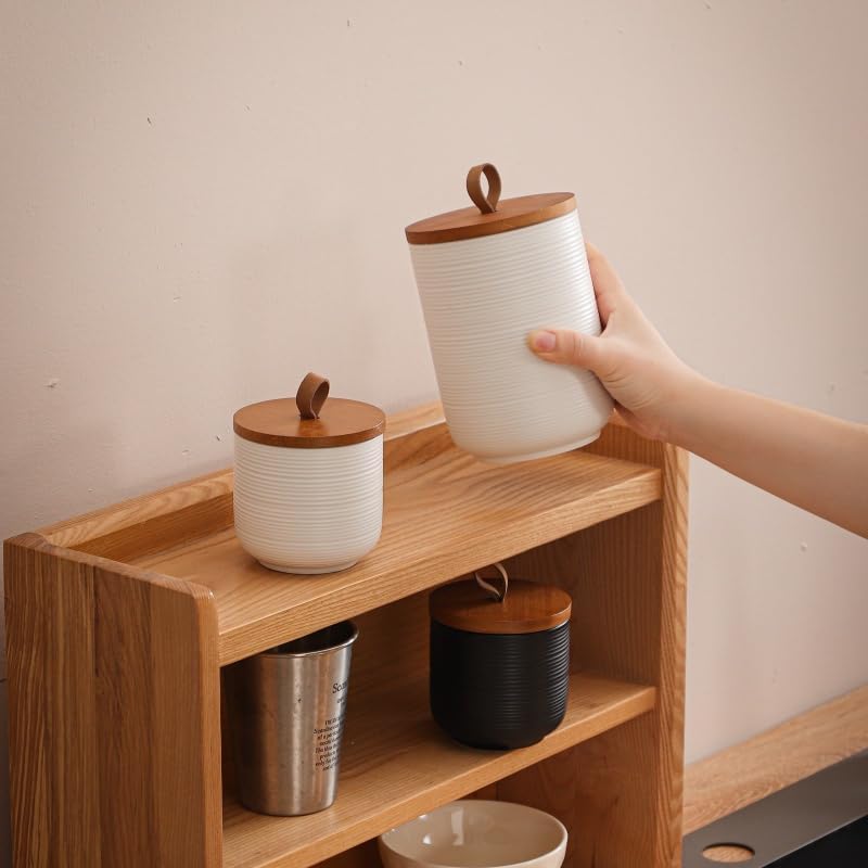 Food Storage Jar Strong Ceramic Storage Canisters with Airtight Wooden Lid,Kitchen Storage Containers for Serving Coffee Beans, Tea, Sugar, Salt, Spices (White three-piece suit)