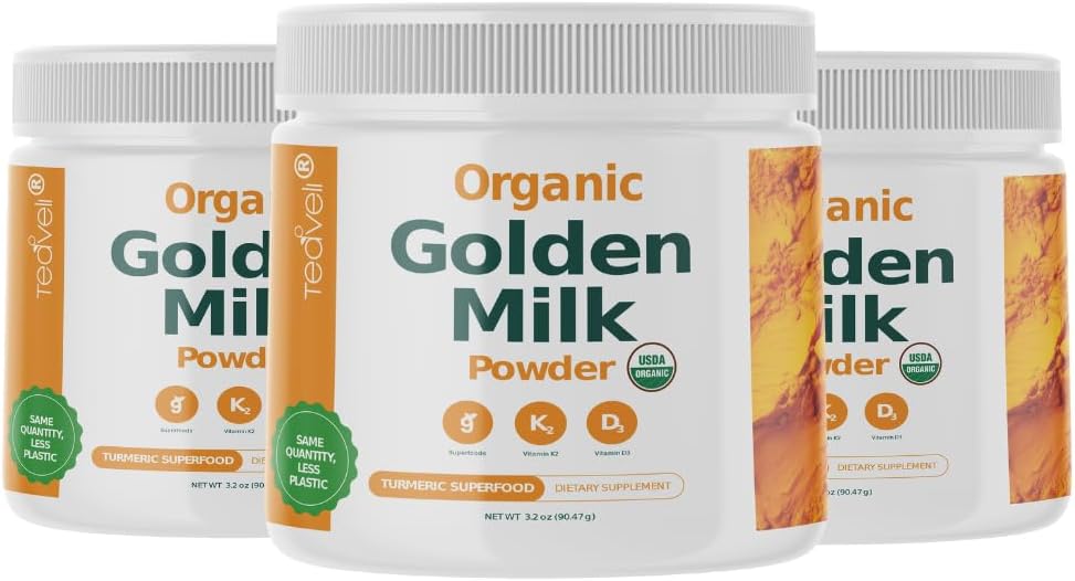 Organic Golden Milk Powder with Vitamins D3 & K2, Turmeric, Ginger, Curcumin, Cinnamon, KSM66 Ashwagandha, Holy Basil & Natural Prebiotics– Delicious Unsweetened Turmeric Tea Latte - 3 Pack